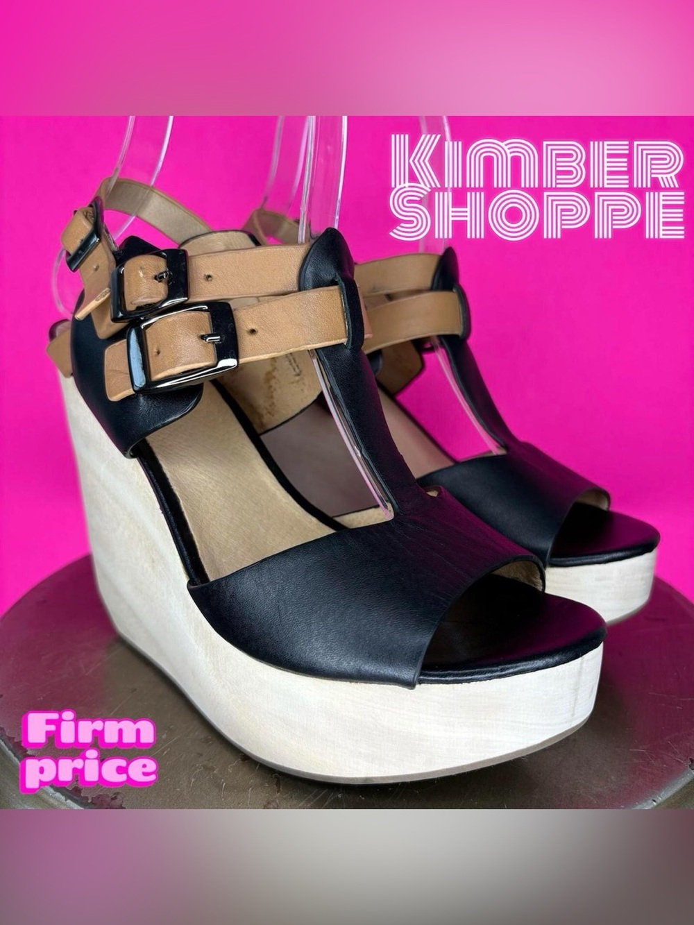 Matiko Tressa Black, Tan leather Wood Platform Wedge Sandal US 6.5